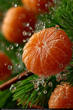 Dynamic macro shot of fresh mandarins, spruce needles and water droplets capturing Christmas citrus aroma