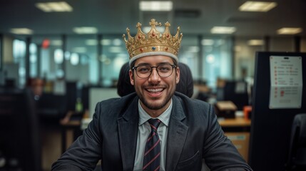 A young man sits at a desk in an office, wearing a crown and smiling. Other people can be seen working in the background. It is a typical workday in a corporate environment.