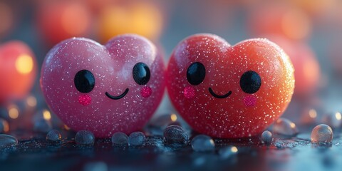 Joyful personified hearts with friendly faces and waterdrops, sweet happiness concept ideal for Valentine's merchandise, packaging and digital campaigns