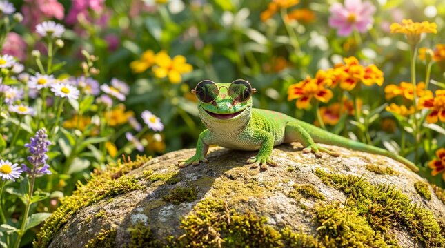 Funny green lizard wearing sunglasses on mossy rock in colorful garden