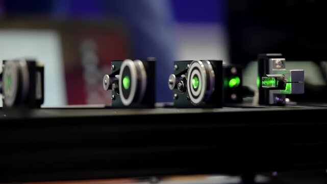 Precision laser optics bench with green beam alignment through mirrors, mounts, and beam splitters on an optical rail for laboratory photonics equipment and measurement