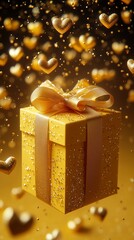 Matte yellow cardboard box with glossy ribbons floating in the bottom right corner, releasing a cloud of shiny glossy yellow hearts.