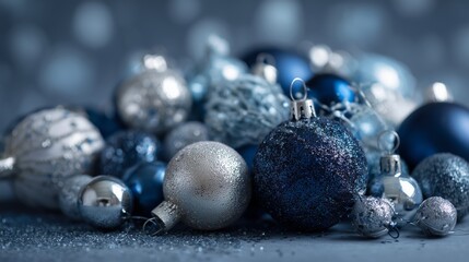 Modern Christmas decoration with matte blue balls, glitter white baubles and ribbons, cozy winter atmosphere for lifestyle blogs.