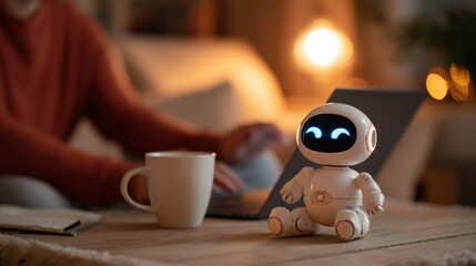 Tiny robot assistant on a desk, highlighting modern AI companionship, innovative tech support, and seamless digital work processes
