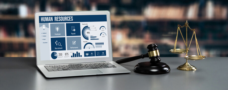 Human resources management software on computer screen helping human resources employee to manage recruitment, payroll, staff searching and KPI evaluation brisk