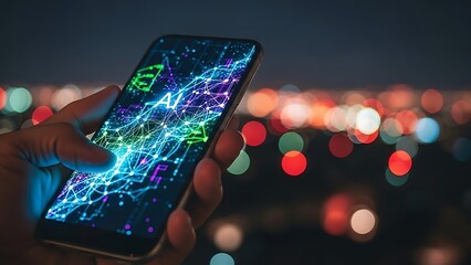 Hand holding smartphone with AI network interface at night
