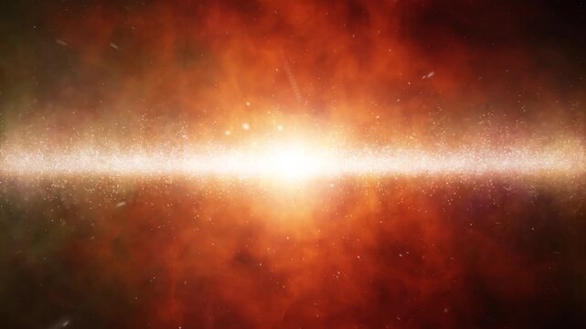 Bright cosmic light at the center of a fiery nebula with star dust and particles, representing cosmic energy, and an abstract deep space phenomenon. Seamless looping animation.
