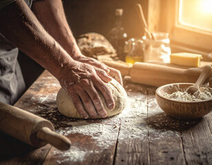 Messy hands kneading dough for homemade bread on a rustic and worn kitchen counter. 