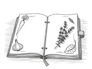 Open vegan recipe book with herbs and vegetables in engraving style for Veganuary cooking and natural food inspiration