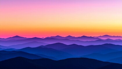 Obraz premium Silhouetted mountain ranges in graduated blues and purples under a vibrant sunset sky