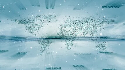 Abstract digital world map formed by data points and networks on a blue background, representing global technology, information flow, and worldwide digital connectivity. - Powered by Adobe