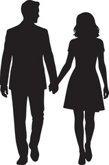 Silhouette of a man and woman in formal attire holding hands against a white background also transparent background