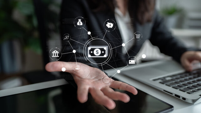 A fintech concept showing a network of digital banking services. This includes secure online payments, global transactions, and e-commerce for the modern financial system. Fermion - Powered by Adobe