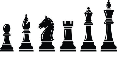 Black and white vector illustration set featuring a complete collection of chess piece silhouettes including the king queen rook bishop knight and pawn. © MdShakil