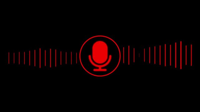 Minimalist white microphone icon sound waves on black background representing audio, Minimal microphone icon shows audio and sound waves. Clean design podcast and digital recording.4k video