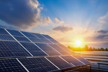 Renewable energy concept, solar panels with sun rays, sustainable future