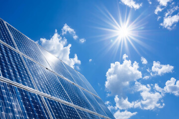 Renewable energy concept, solar panels with sun rays, sustainable future