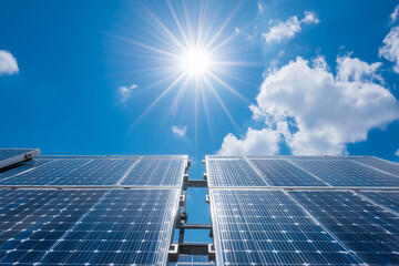 Renewable energy concept, solar panels with sun rays, sustainable future