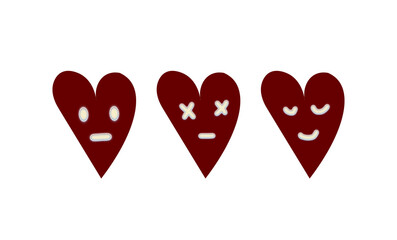Three stylized hearts, each with a different facial expression, conveying emotions like neutrality, confusion, and joy, set against a white background