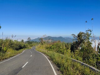 Asphalt Highway Through Lush Green Hills and Tropical Forest Landscape