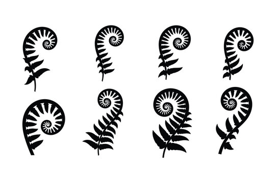 Unfurling fern frond and koru spiral silhouettes
