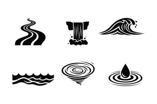 Water silhouettes set including waves, river, and waterfall