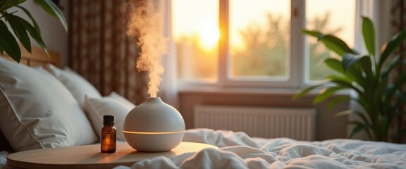 Essential oil diffuser set on rumpled bed linen, bedtime relaxation and personal sanctuary comfort