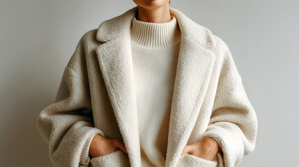 Minimalistic fashion portrait in Color of the Year Cloud Dancer, woman wearing cozy textured oversized coat and knitted sweater in soft neutral tones