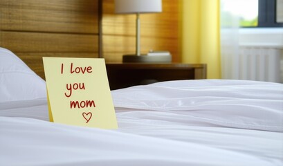 Handwritten "I love you mom" note on bedspread, intimate family message and heartfelt gratitude