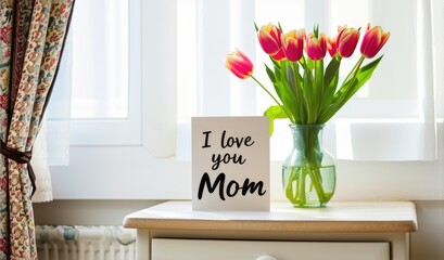 "I love you mom" note on nightstand with tulip bouquet in sunny room, bright maternal love and spring gratitude