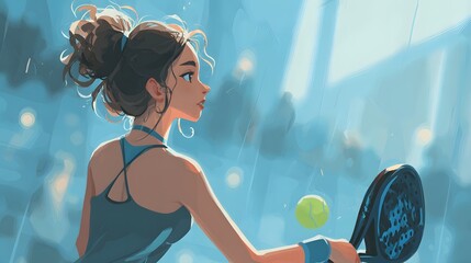 Stylized digital illustration of girl playing padel tennis, dynamic anime inspired artwork with blue background and glowing highlights