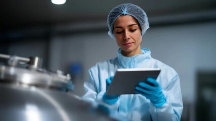 4k Professional female technician wearing full protective suit and gloves operating stainless steel equipment at a modern chemical or pharmaceutical plant, worker using digital tablet - Powered by Adobe