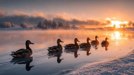Ducks swim together in calm water during sunrise with mist rising over a tranquil landscape in winter season