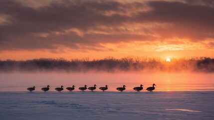 Ducks walk along the edge of the water at sunrise with a foggy background in winter