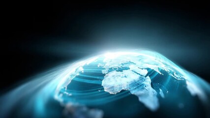 A futuristic global network visualization showing planet Earth with a detailed world map illuminated by blue digital connections. Glowing plexus lines and nodes arc across continen 4k - Powered by Adobe
