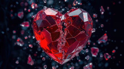 A large red crystal heart is broken into many pieces. Fragments are scattered around, reflecting light. The dark background adds focus to the heart and its pieces.