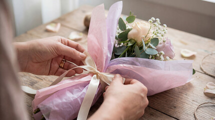 Florist hands skillfully wrapping a fresh rose bouquet with pink tissue paper and tying a ribbon, creating a beautiful floral gift on a rustic wooden table