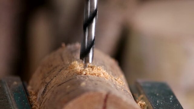 DIY Woodworking: Wood Drill Bit Drilling Into Birch Wood