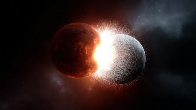 two planets in deep outer space, massive celestial bodies crashing together with explosive fiery impact, intense plasma flames and molten debris bursting