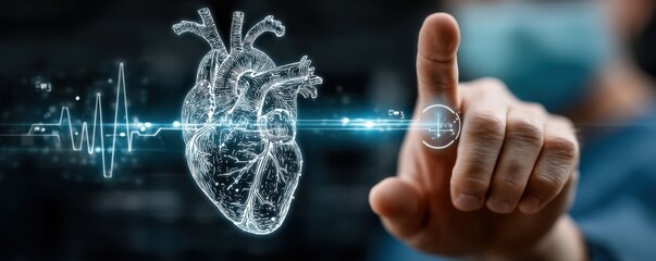 Digital heart visualization as a doctor in blue scrubs touches a holographic heart with a mask