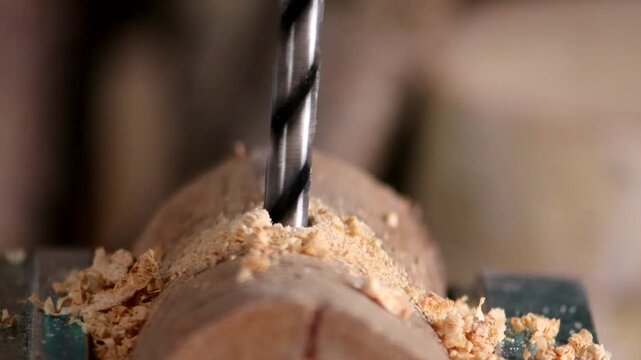 Close-up of a wood drill bit boring into birch wood, perfect for DIY woodworking and do-it-yourself projects.