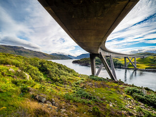 Kylesku Bridge spanning Loch nan Ceall, Scotland landscape