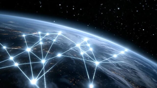 Multiple satellites orbiting planet Earth in outer space, global satellite network covering the planet, digital communication lines connecting continents, futuristic global 4k