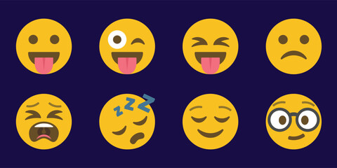 Set of yellow emoji faces showing happy, silly, tired, and sad emotions on dark background. Expressive cartoon icons for chat, social media, and messaging.  illustration conveying mood and fee