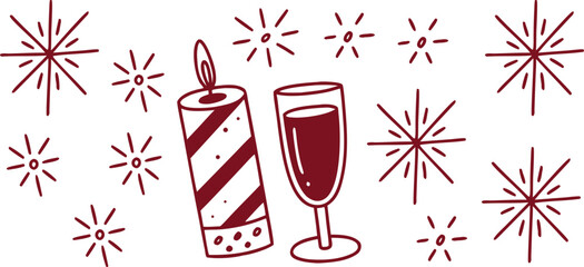 Festive candle and champagne glass surrounded by sparkling fireworks in elegant line art. Celebration illustration with joyful holiday mood and party vibes. Minimal graphic design perfect for events a