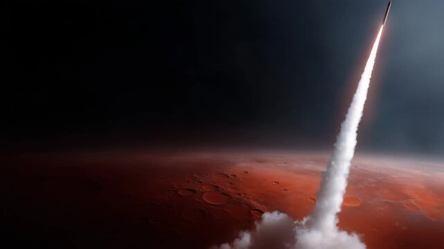 powerful space rocket launching toward the red planet Mars, captured in a dramatic vertical composition. The rocket ascends from a cloud of smoke and fire, leaving a bright glowi 4k