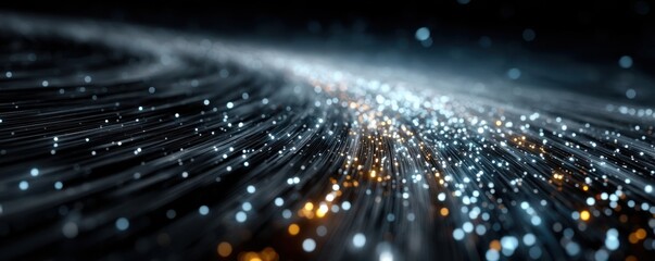 Abstract blue light streaks and particles creating a glowing digital motion field