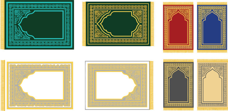 PrintVector illustration set of colorful Islamic prayer rugs featuring ornate traditional patterns in green blue red gold and grey colors with tassels.