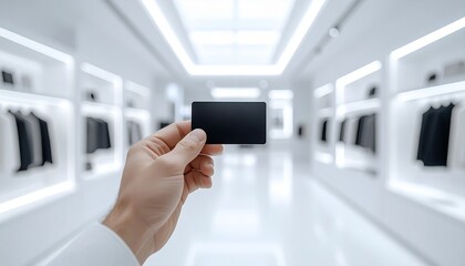 A person holding a black card in a modern, minimalistic retail space