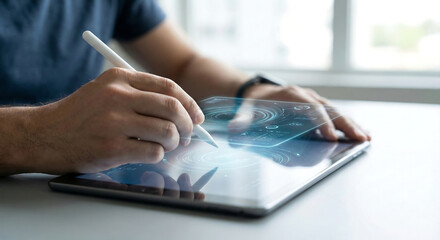 Person Using Augmented Reality Holographic Interface on Digital Tablet